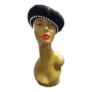 Woman’s Pearl Lined Black Beret Hat  Small